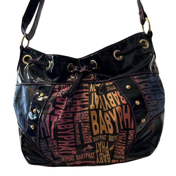 Vintage Y2K BabyPhat Shoulder Bag Black Multicolor Logo Print Adjustable Strap - Picture 16 of 16